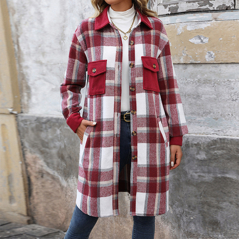 Long Brushed Plaid Coat