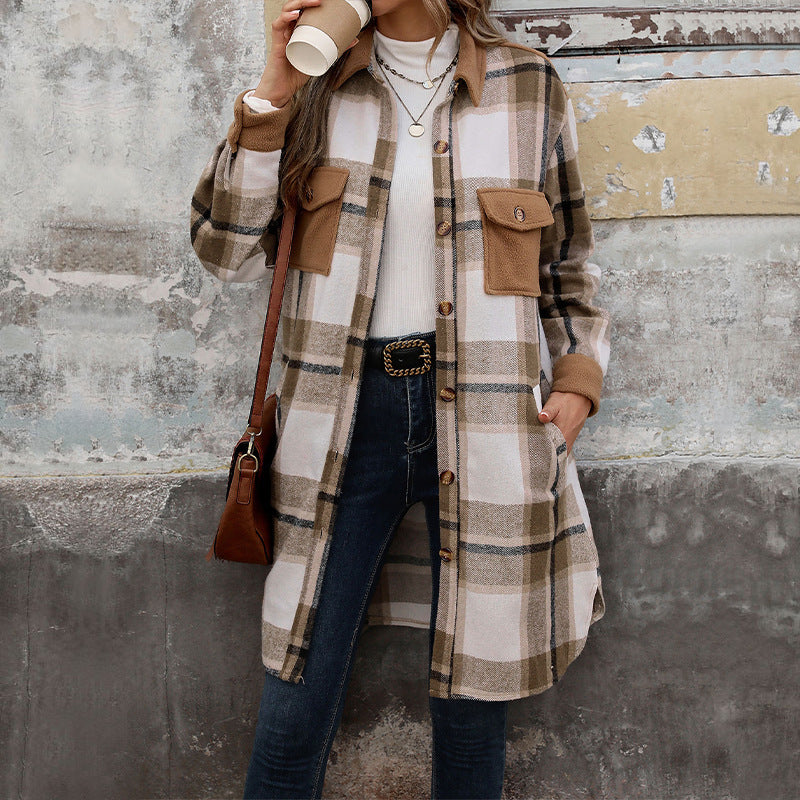 Long Brushed Plaid Coat