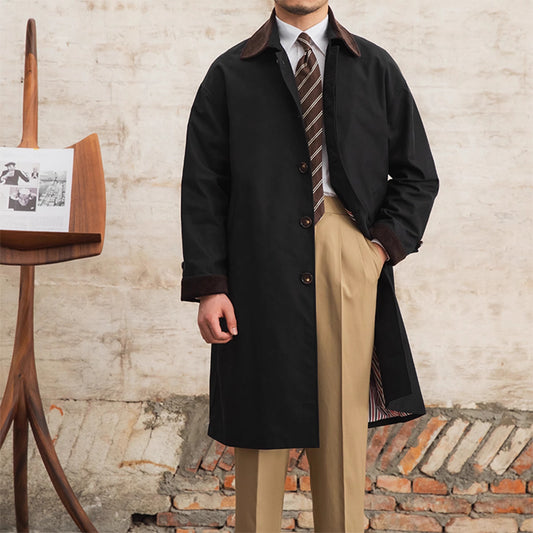 Mid-length trench coat with velvet collar