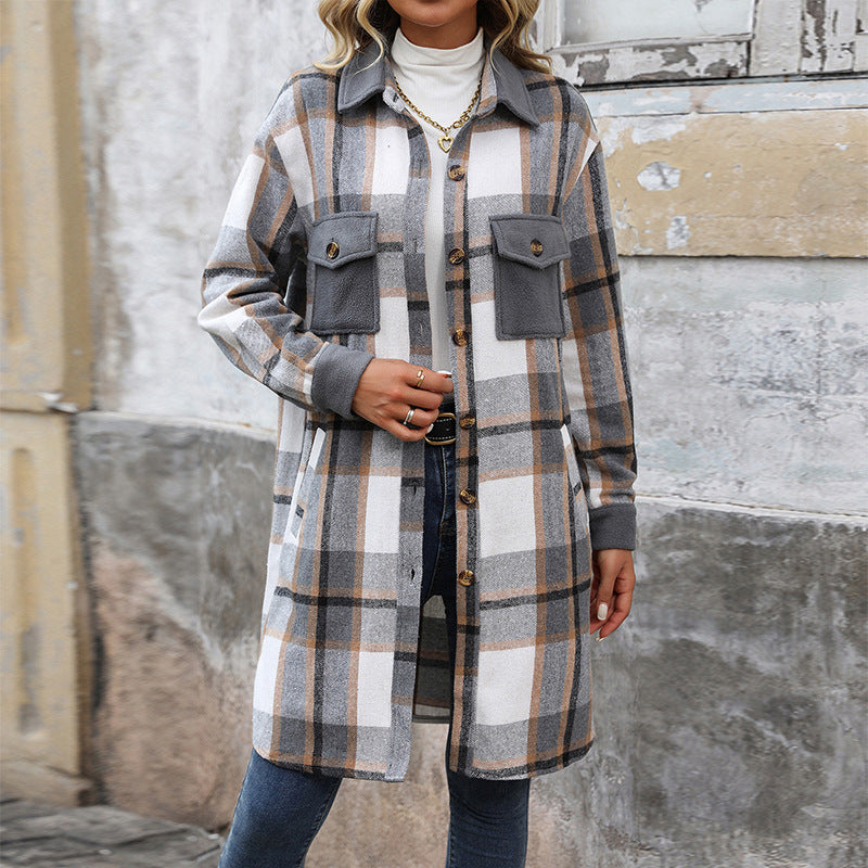 Long Brushed Plaid Coat