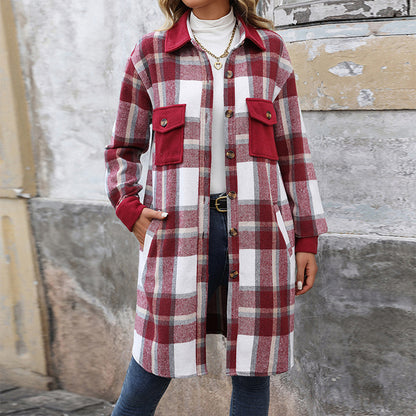 Long Brushed Plaid Coat