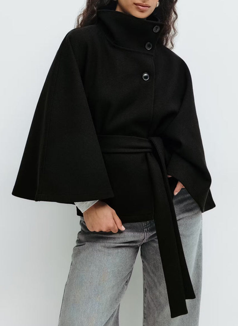 Winter Coat with High Collar &amp; Batwing Sleeves