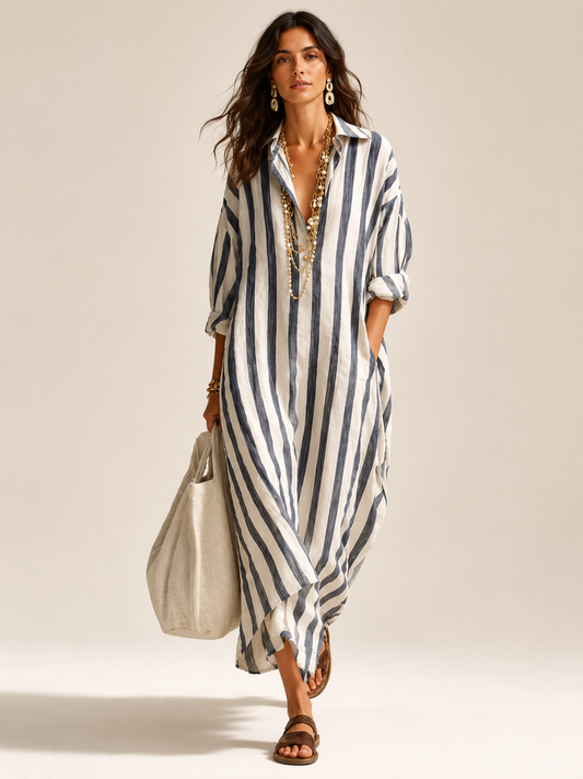 Striped Print Dress Summer Split Collar Short Sleeve Long Dresses Fashion Women's Clothing