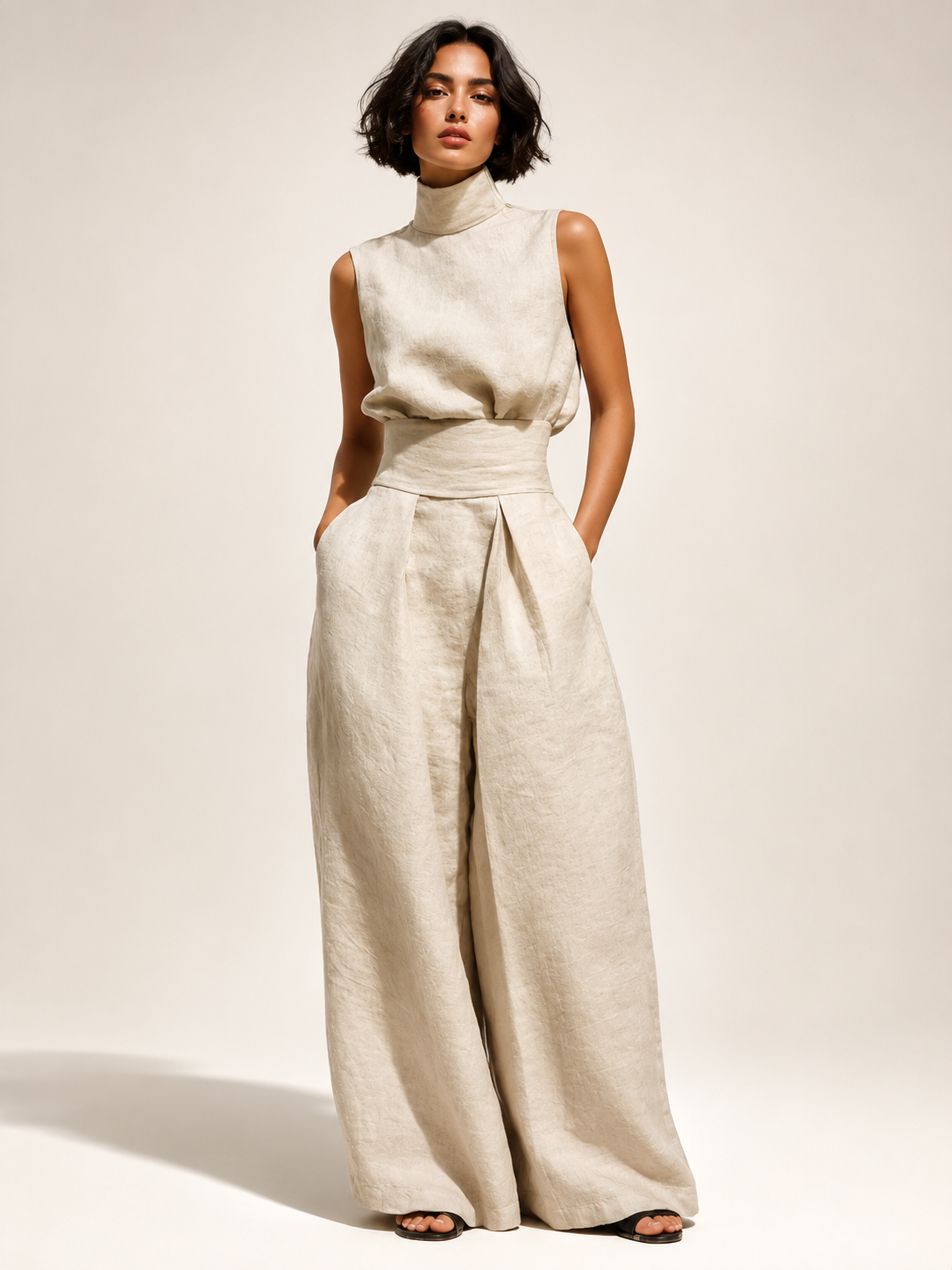 Casual Sleeveless Suit Summer Stand-up Collar Pullover Top And Loose Straight-leg Trousers Women's Clothing