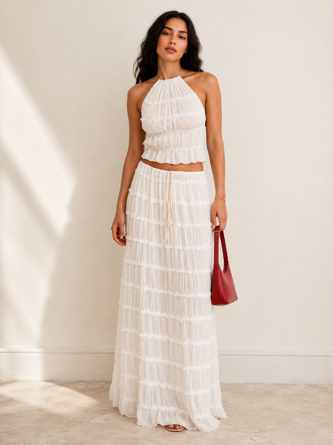 2pcs Women's Dress Suit Sexy Sleeveless Backless Cropped Halter Top And Pleated Long Skirt Beach Clothing