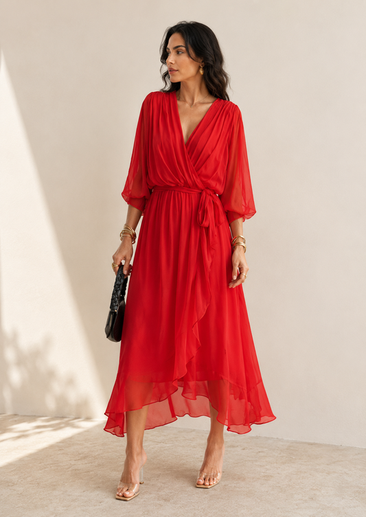 Batwing Sleeve V-neck Dress Summer Pure Color Tied Irregular Long Dresses Womens Clothing