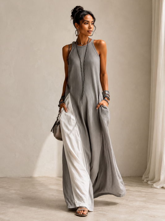Womens Sleeveless Loose-Fit Color-Block Casual Off-Shoulder Dress With Pockets