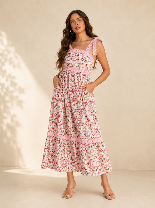 Robe Fleurie à Volants avec Nœud – Élégance Romantique