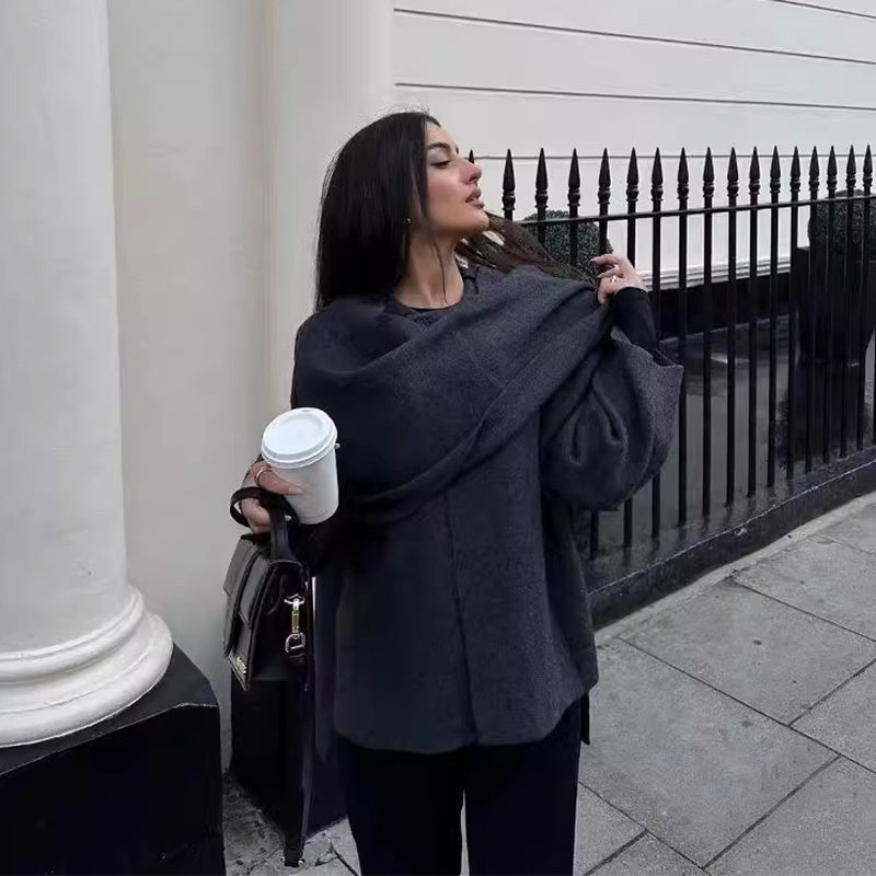 Plain Knitted Cardigan with Asymmetric Design and Scarf