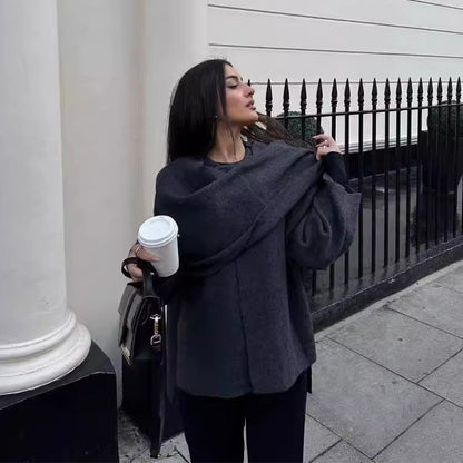 Plain Knitted Cardigan with Asymmetric Design and Scarf