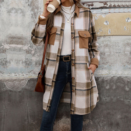 Long Brushed Plaid Coat