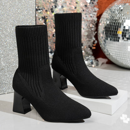 Chunky Heel Pointed Toe Stretch Socks Single Layer Boots