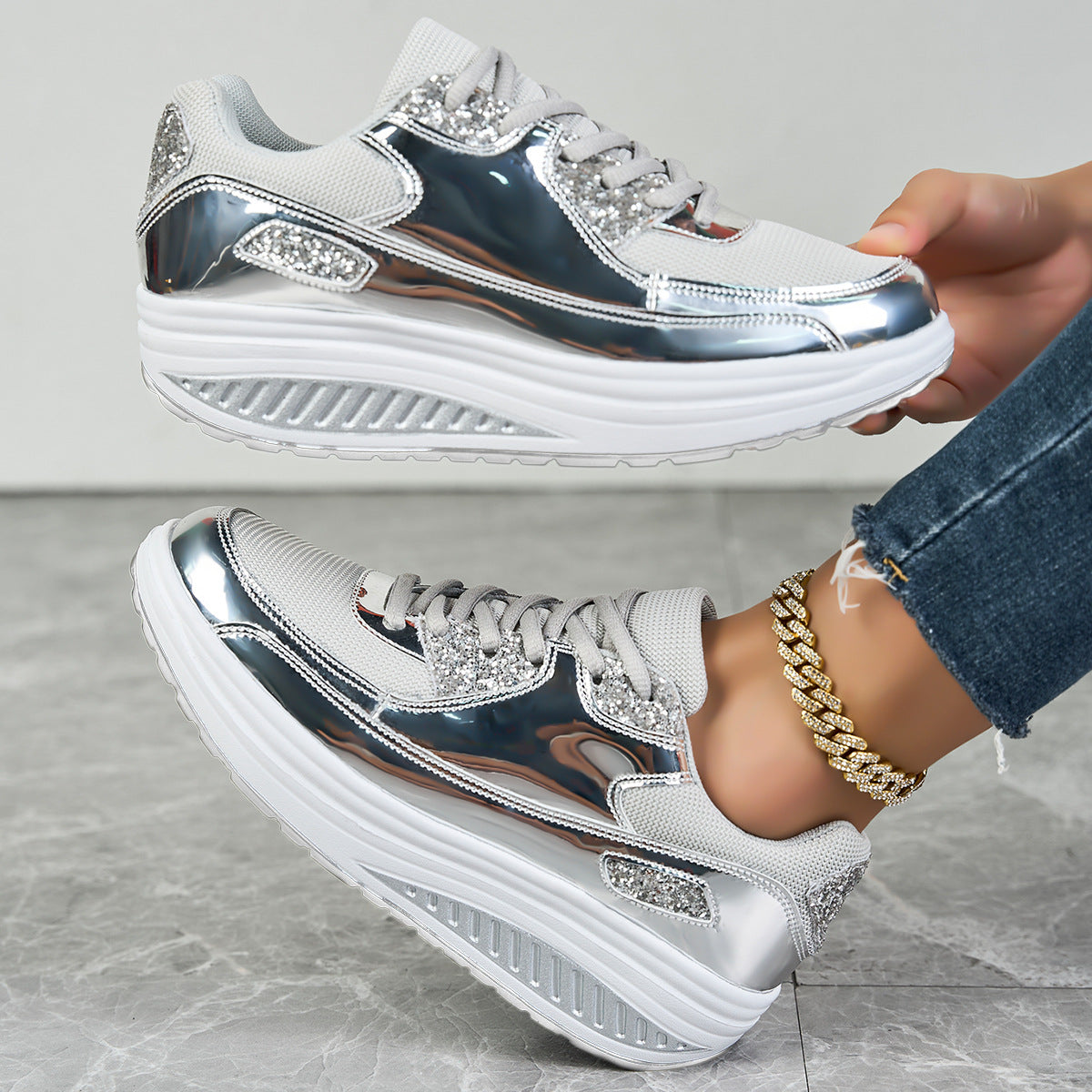 Sneakers Plateforme Dorées Femme