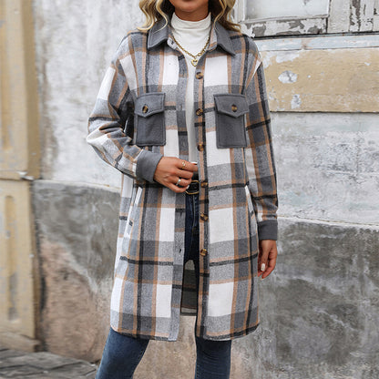 Long Brushed Plaid Coat
