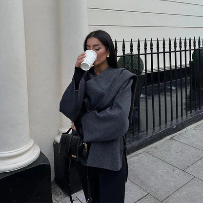 Plain Knitted Cardigan with Asymmetric Design and Scarf